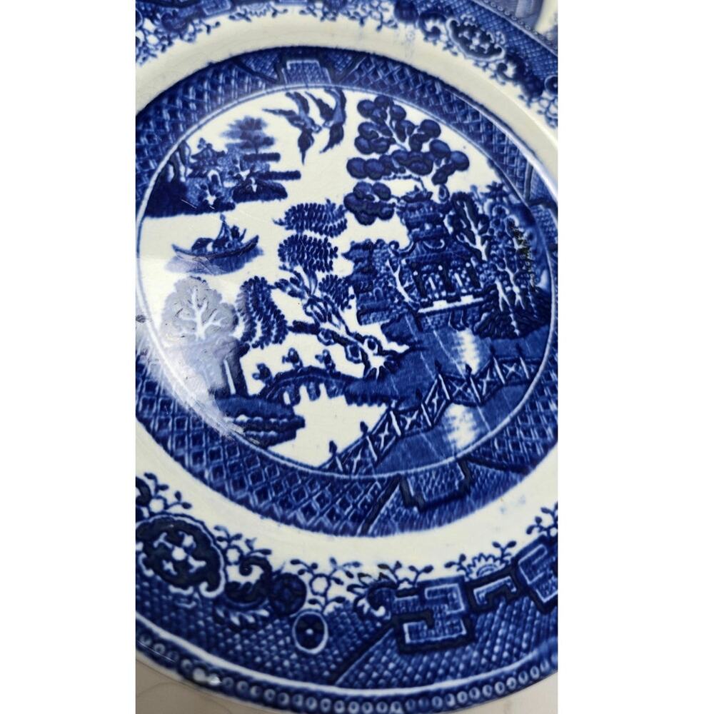 Antique Willow WARE England Blue set of 2 plates flaws see photos - Picture 3 of 11